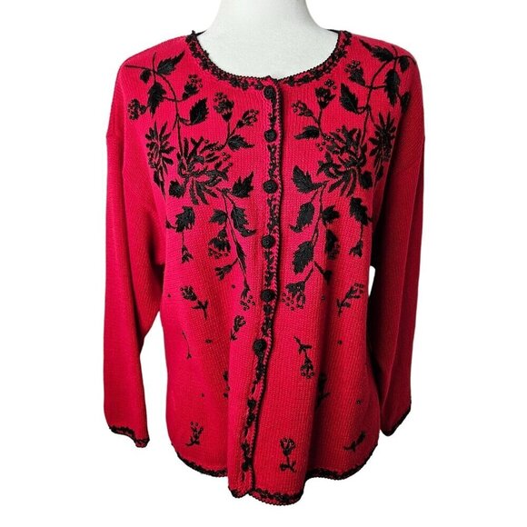 Heirloom Collectibles Large Vintage Cardigan Red Sweater Embroidered 90's Y2K - Picture 1 of 8
